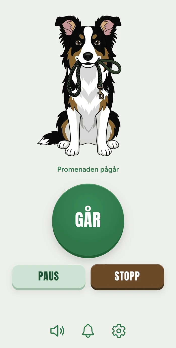 Appens startskärm med Snillet, startknappen och knapparna för paus och stopp
